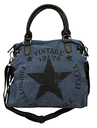 Star Bag Vintage Stern Damen Stamp Tasche Fashion Shopper Henkeltasche Canvas Stoff (Blau)