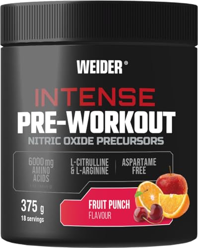 Weider Intense Pre-workout (375g) Fruit Punch Geschmacksvorstufe Stickstoffoxid Vorläufer mit 200 mg Koffein und 6000 mg Aminosäuren/Portion, L-Citrullin, L-Arginin, Aspartamfrei (18 Portionen)