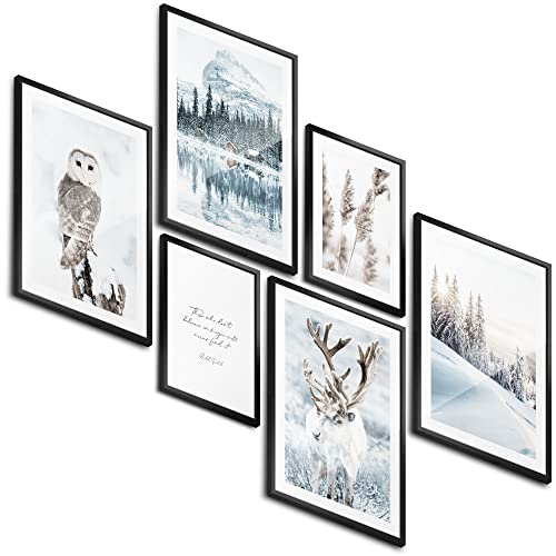 BLCKART Winter Wonderland Poster Set Beidseitig Bedruckt Winter Bilder Wohnzimmer Deko (L | 4x A3 | 2x A4 | Holzrahmen (schwarz), WINTER WONDERLAND)