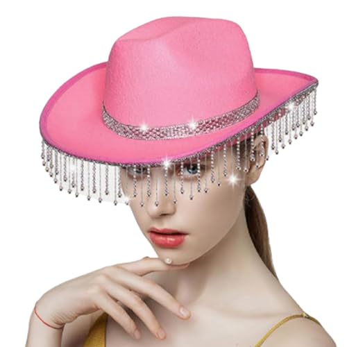 Xuanxi Cowboyhut mit Strasssteinen, Quasten, Handperlen, Kristall, Geschenk für Mädchen, Jungen, Cowgirl-Hut für Karneval, Musikfestival, Western-Cowboy-Hüte für Frauen