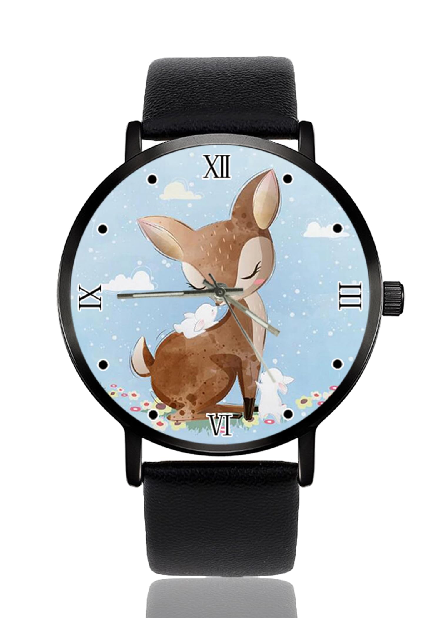 Uhr Personalisierte benutzerdefinierte Uhren Casual Schwarz Lederband Armbanduhren für Männer Frauen Unisex, Niedliche Hirschkunst