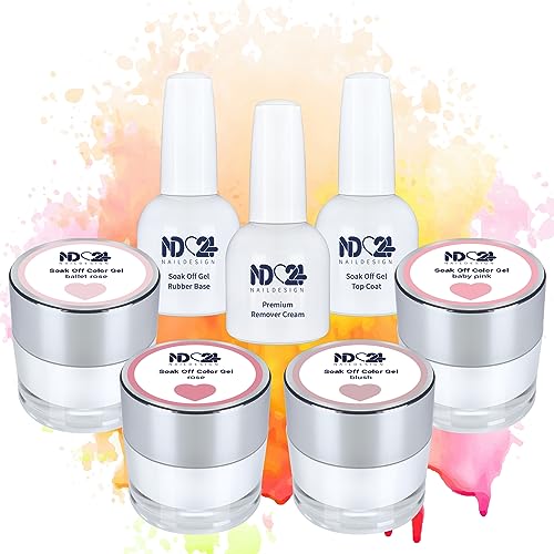 ND24 NailDesign Premium Bundle Pearls Of Rose Soak Off Gel Collection Rubber Base Top Coat und Cream Remover - Hochpigmentiert UV LED Gellack - Satte Farbe Haltbar - Easy Peel Off Ablösen - 7-teilig