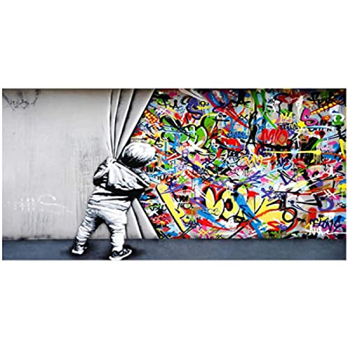 Street Banksy Graffiti Art Behind The Curtain Leinwand Gemälde Poster und Drucke Cuadros Wandkunst Bilder für Wohnkultur 80x160cm/31.4"x62.9" ohne Rahmen - 8