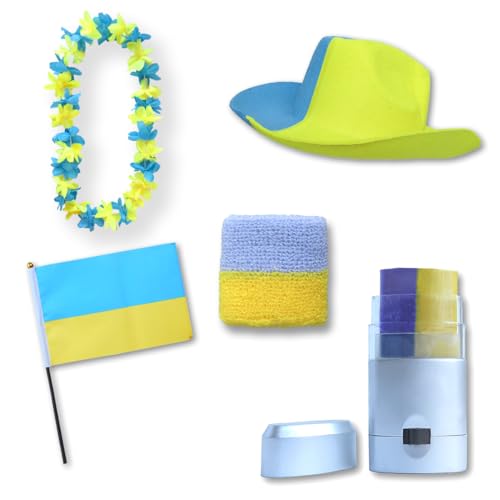 Sonia Originelli Fan-Paket EM Ukraine Ukrain Fußball Hut Kette Schminke Schweißband Flagge