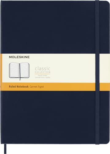 Moleskine - Klassisches Liniertes Notizbuch - Hardcover mit Elastischem Verschlussband - Farbe Saphirblau - Größe Extra Groß 19 x 25 cm - 208 Seiten