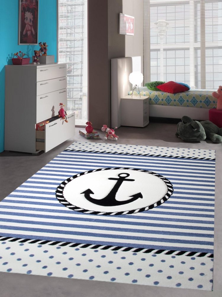 Kinderteppich Maritim Kinderzimmerteppich Jungen Teppich mit Anker in Blau Creme Größe 120x170 cm