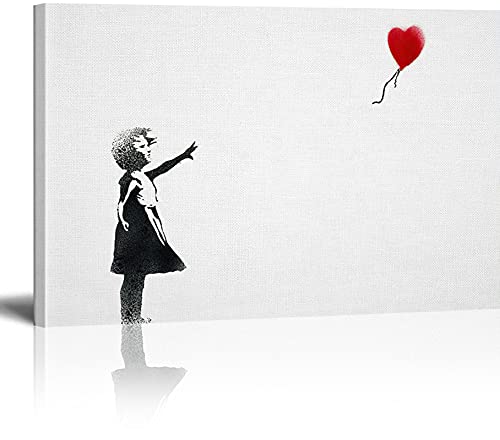 MJEDC Banksy Bilder Leinwand Balloon Girl Graffiti Street Art Leinwandbild Fertig Auf Keilrahmen Kunstdrucke Wohnzimmer Wanddekoration Deko XXL 80x120cm