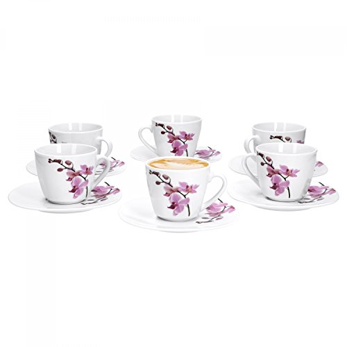 Van Well 6er Set, 2-tlg. Kaffeetassen-Set Kyoto, kleine Tasse 180 ml + Untertasse, edles Porzellan, Kaffee-Geschirr, Blumen-Dekor Orchidee, rosa-rot, pink