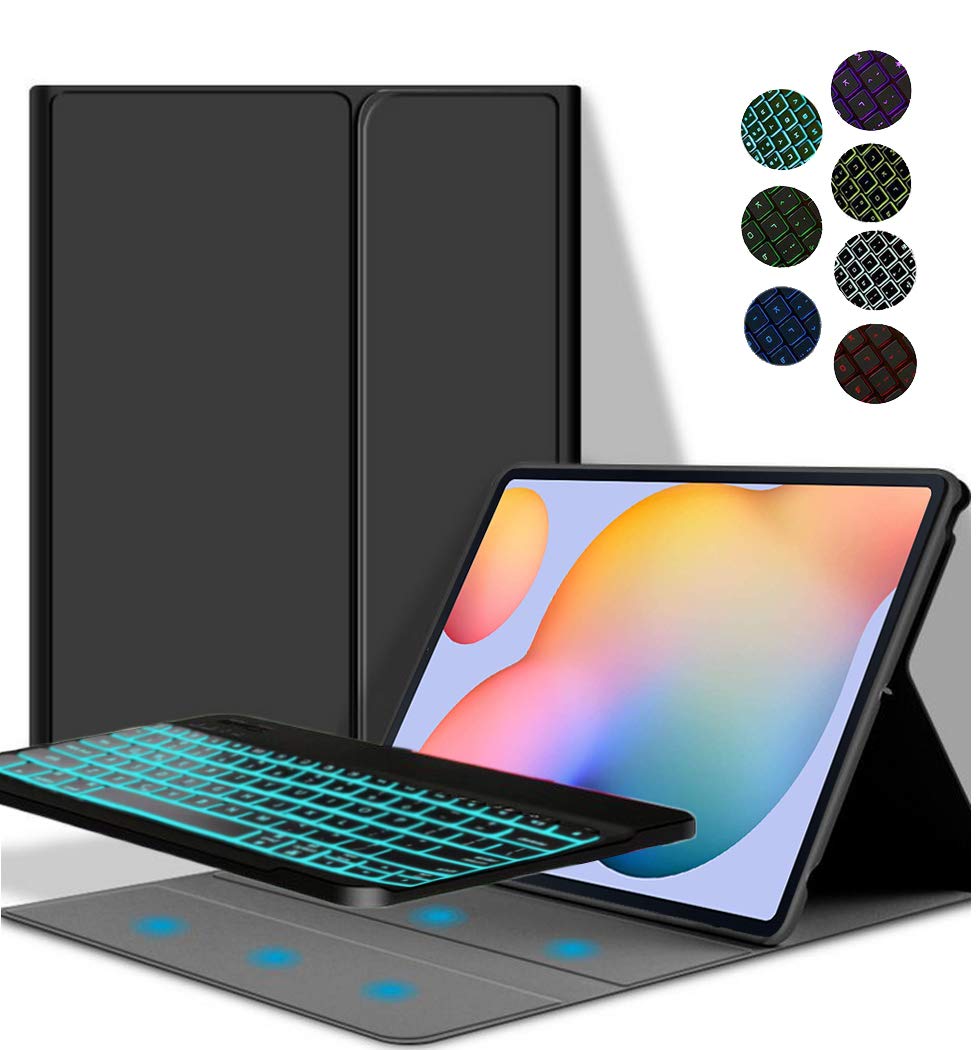 YGoal Tastatur Hülle für Galaxy Tab S6 Lite, [7 Colors Backlit](QWERTY Layout) Ultradünn PU Leder Schutzhülle mit Abnehmbarer drahtloser Tastatur für Samsung Galaxy Tab S6 Lite 10.4 P615/P610, Schwarz