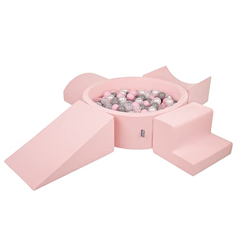 KiddyMoon Spielplatz Aus Schaumstoff Mit Rund Bällebad (300 Bälle) Hindernisläufen, Pink:Perle/Grau/Transparent/Puderrosa