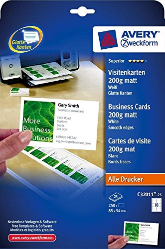 Visitenkarte Quick&Clean 200g/m² DIN A4 85 x 54 mm matt weiß 250 Karten auf 25 Blatt