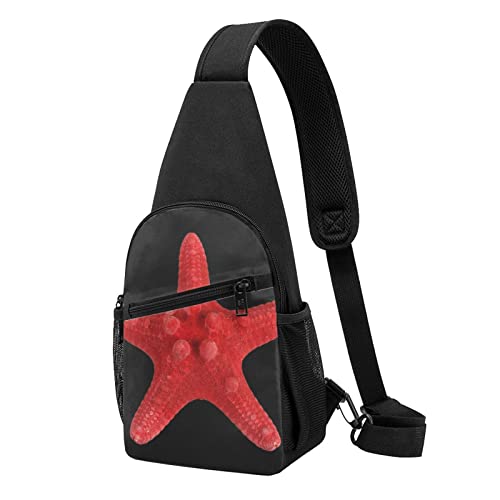 Brusttasche mit rotem Seestern-Motiv, bedruckt, für Reisen, Wandern, Tagesrucksack, Schwarz , Einheitsgröße