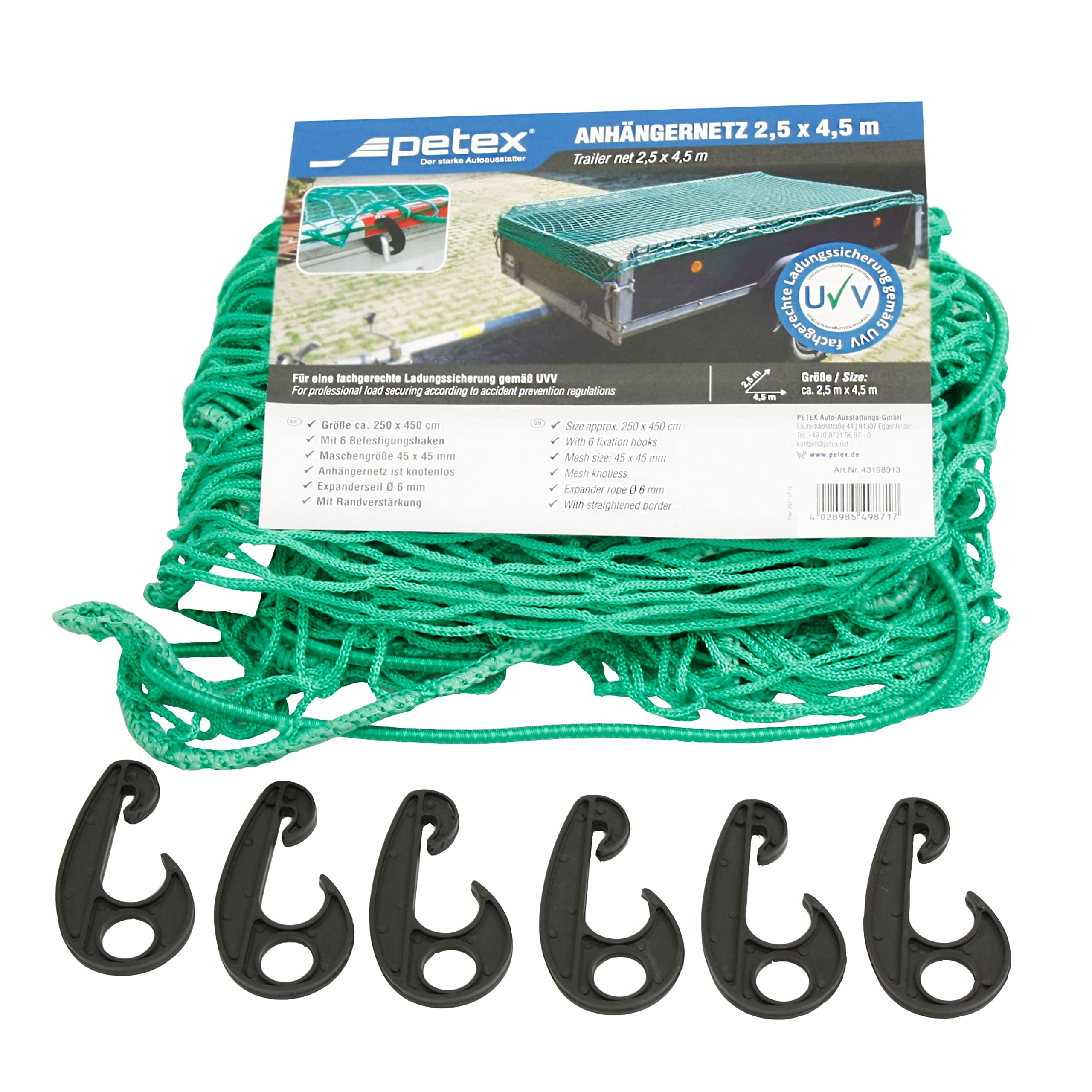 PETEX 43198913 Anhängernetz, 2,5 x 4,5 m, grün