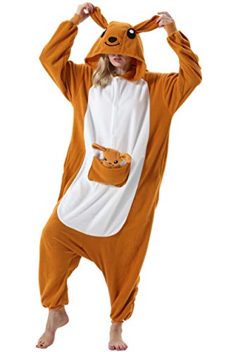 ULEEMARK Damen Herren Jumpsuit Onesie Tier Fasching Halloween Kostüm Lounge Sleepsuit Cosplay Overall Pyjama Schlafanzug Erwachsene Unisex Känguru for XL
