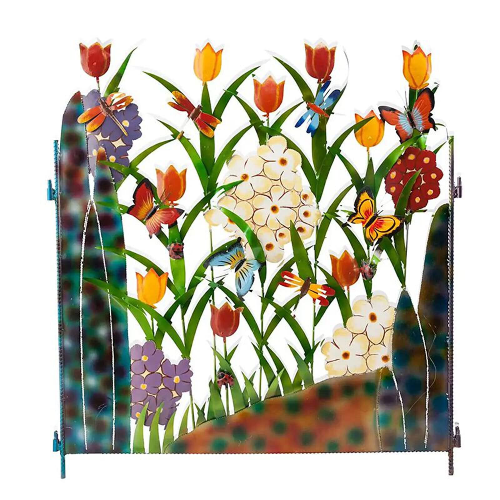 JIAWEIIY Bunte Metall-Paravent mit 3 Paneelen, Blume und Schmetterling, schöne Landschaft für den Garten (B)