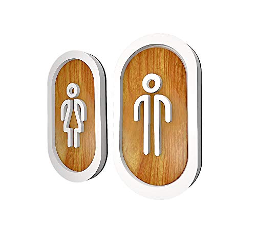 DOJA Barcelona | Toilette Acryl Schild Aufkleber | Damen+Herren | Weiß - Holz Braun | 180x100mm Ø | Selbstklebend WC-Tuerschild Mann-Frau | Wand Badezimmer Deko Toiletten Sticker