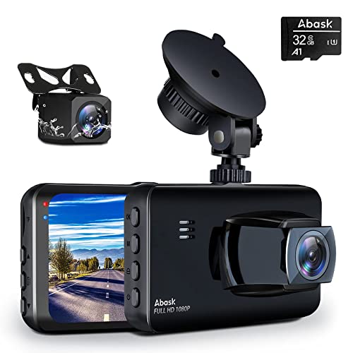 Abask Dashcam Auto Vorne Hinten Dual 1080P FHD Auto Kamera mit 320° Weitwinkel 3 Zoll Bildschirm, G-Sensor, Loop-Aufnahme, WDR, Parkmonitor, Bewegungserkennung, Nachtsicht, Max 128 GB Speicherkarte
