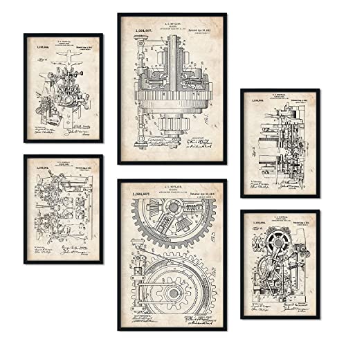 Nacnic Set von 6 Plakaten mit Maschinen Patenten. Plakate mit Retro-Patentabbildungen. Inneneinrichtung im Vintage-Stil. Grösse A4 und A3. Ohne Rahmen.