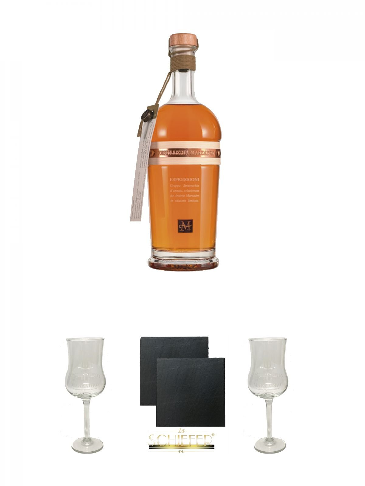 Marzadro Grappa Espressioni Aromatica 0,7 Liter + Marzadro Grappa Gläser mit Eichstrich 2cl und 4cl 1 Stück + Schiefer Glasuntersetzer eckig ca. 9,5 cm Ø 2 Stück + Marzadro Grappa Gläser mit Eichstrich 2cl und 4cl 1 Stück