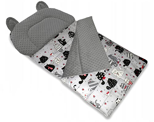 Best For Kids Schlafsack Fußack für den Kindergarten Minky Bär mit Kissen (Grau-Rot Katzen)