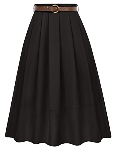 Damen Faltenrock Elegant A-Linie High Waist Midi Skirt mit Taschen Freizeit Party Schwarz L