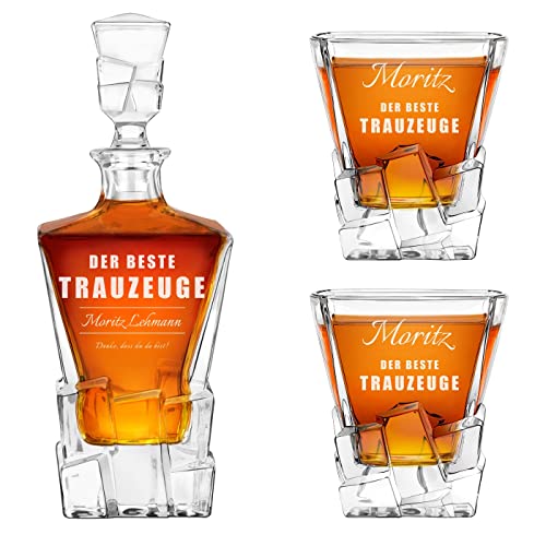 Maverton 950 ml Whiskey Karaffe + 2er Whiskygläser Set mit Gravur - Whisky Dekanter - luxuriöses Design - Kristallglas - für Männer - zum Geburtstag - Trauzeuge