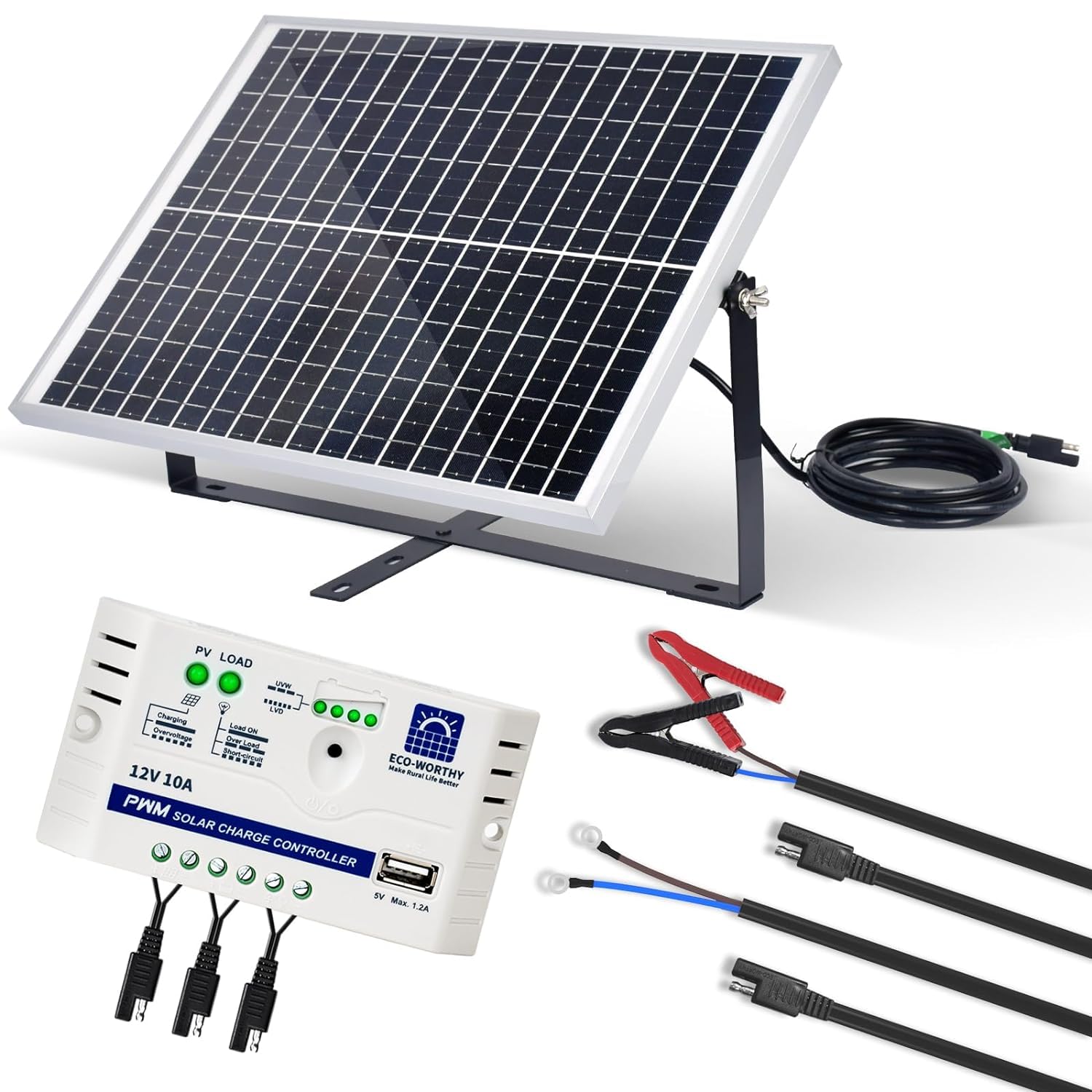 ECO-WORTHY 25W 12V Monokristallines Solarmodul Solarpanel Kit: 25W Solar Panel + Adjustable Mount Bracket + SAE Connection Cable +10A Charge Controller for Car RV Marine Boat