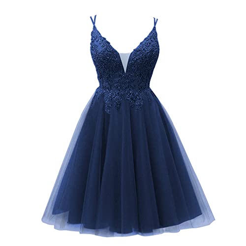 CLLA dress Damen Perlen Tüll Ballkleider Kurz Spaghettiträger V-Ausschnitt Abendkleider Abschlusskleid(Navy Blau,36)