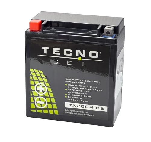 TECNO-GEL Motorrad-Batterie YTX20CH-BS für MOTO GUZZI Breva 850, 1100, 1200 m/o ABS 2005-2011, 12V Gel-Batterie 18AH, 150x87x161 mm inkl. Pfand