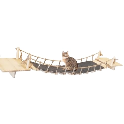 Wandkatzenleiter Aus Echtem Holz, Katzenkletterwand, Kratzmatte, 2 Katzentreppen Und 10 Stufen Brücke