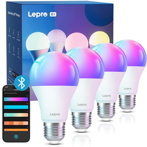 Lepro LED AI-Lampe E27, Smart Bluetooth-Glühbirne B1, AI-Generierte Beleuchtung, Musik Sync&Sprachsteuerung, 806lm Smart Bulb, Bluetooth-Birne, 3500+ RGB-Lichteffekte, kein Hub erforderlich, 4 Stück