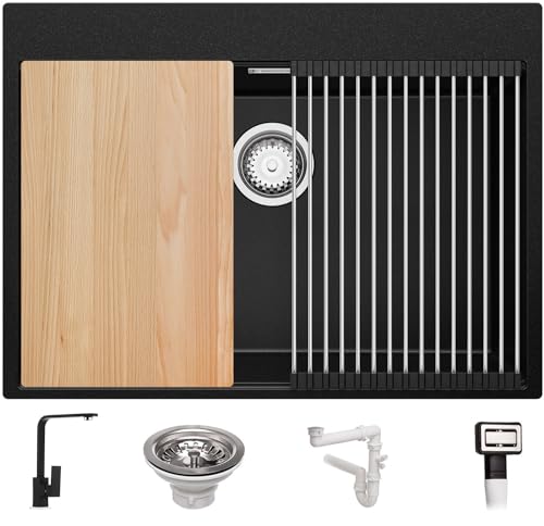 Spülbecken Schwarz 68x50 cm, Granitspüle 1 Becken + Ablauf-Set + Küchenarmatur, Küchenspüle ab 70er Unterschrank, Einbauspüle von Primagran
