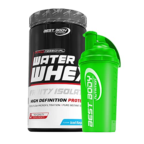 460 g Best Body Nutrition Water Whey Fruity Isolate (Iced Raspberry) Molkenprotein + Protein Shaker (grün)