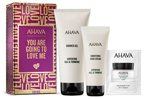 AHAVA Cleansing & Moisturizing Kit For HER You Are Going to Love Me – Duschgel, beruhigende Handcreme und 24/7-Hyaluroncreme-Paket – fortschrittliche Hautpflegelösung, tolles Geschenk für Frauen