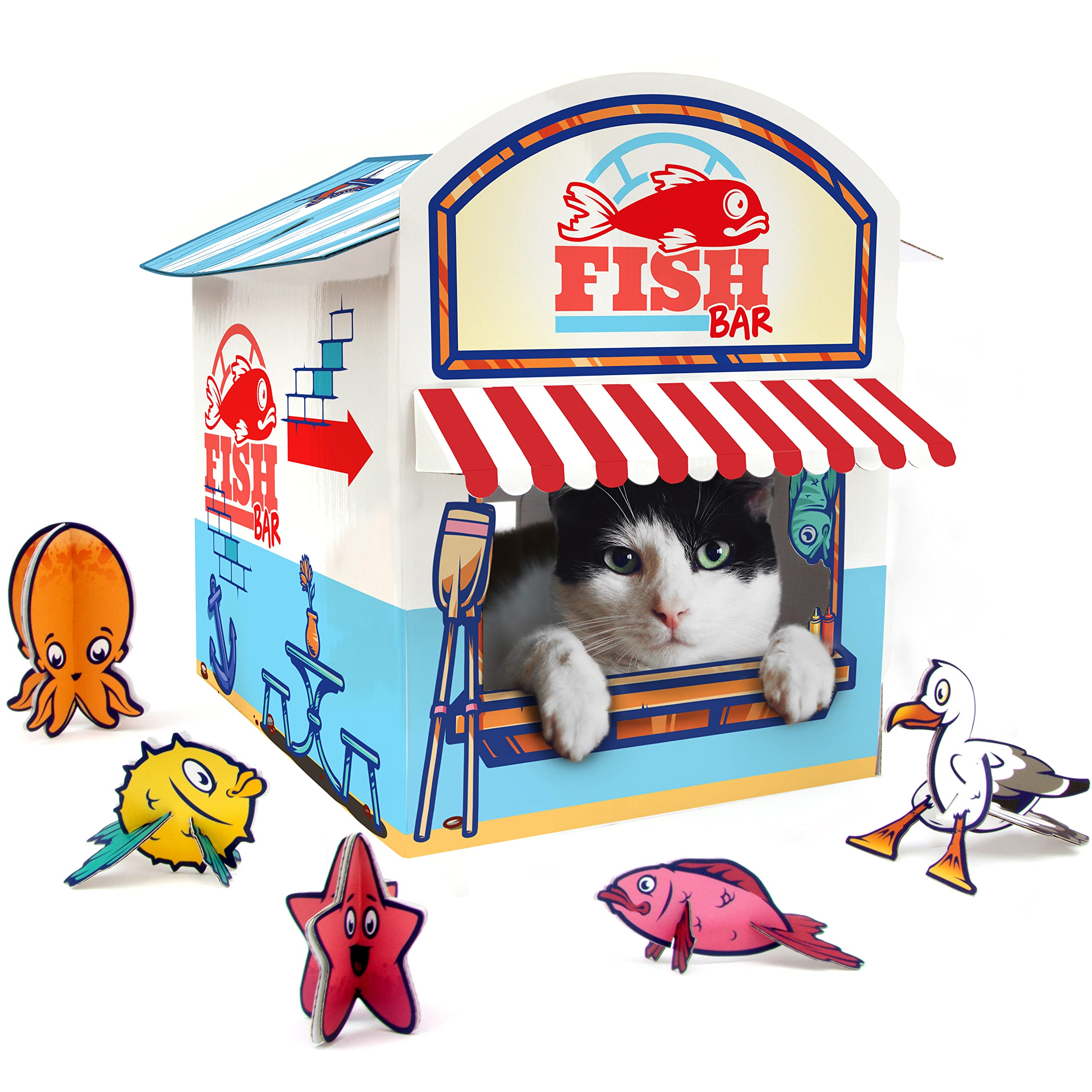 Suck UK Katzenkiosk-Spielhaus | Katzenspielzeug | Katzenhaus aus Pappe | Katzenzubehör | Katzenspielhaus | Papphaus | Kätzchenzubehör | Katzenhöhle | Katzenversteck mit 3D-Spielzeug aus Pappe