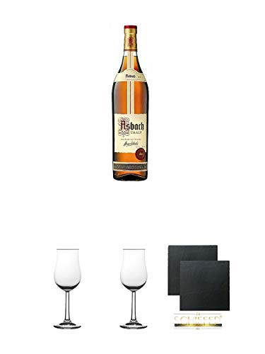 Asbach Uralt klassischer deutscher Weinbrand Magnumflasche 3,0 Liter + 2 Bugatti Nosing Gläser mit Eichstrich 2cl und 4cl + 2 Schiefer Glasuntersetzer eckig ca. 9,5 cm Ø