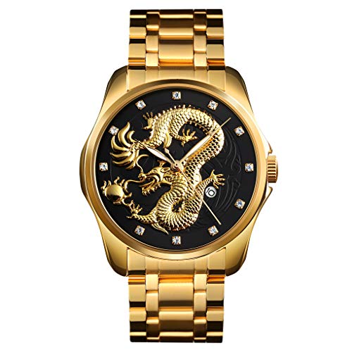 FeiWen Herren Fashion Luxus Analog Quarz Casual Uhren Edelstahl Datum Drache Muster Armbanduhr (Schwarz)
