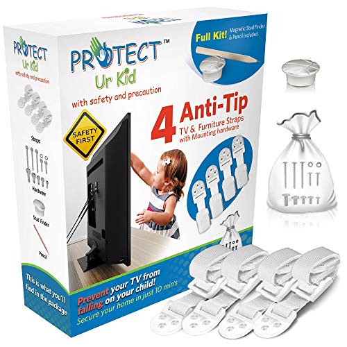 Kippsicherung TV und Möbel Gurte - mit Montageset - TV Kippschutz Gurte für Baby Sicherheit - 4 Stück in weiß