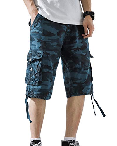 ORANDESIGNE Herren 3/4 Cargo Shorts Kurze Hose Sommer Basic Vintage Bermuda Casual Combat Pants Sport Jogging Cargohose Kurz Regular Fit B Blau XX-Large