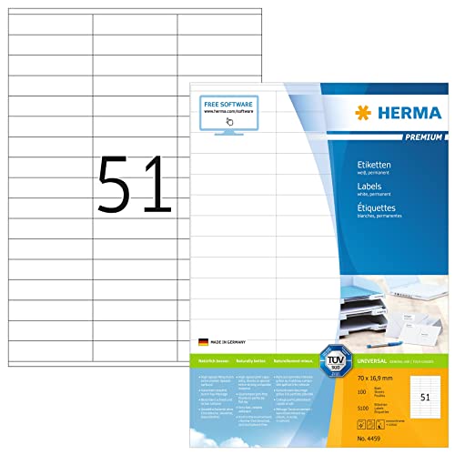 HERMA 4459 Universal Etiketten DIN A4 klein (70 x 16,9 mm, 100 Blatt, Papier, matt) selbstklebend, bedruckbar, permanent haftende Adressaufkleber, 5.100 Klebeetiketten, weiß