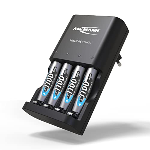 ANSMANN Akku Ladegerät „Powerline 4 Smart“ für 1-4 AA und AAA Akkus inklusive 4X Ansmann NiMH AAA 1100 Akkus - Batterieladegerät für NiCd und NiMH Akkus mit Einzelschachtüberwachung