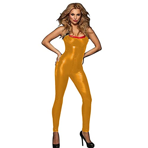 Damen Tank Ärmellos Einteiler Jumpsuit Sexy Hot Frauen Kunstleder Catsuit PVC Latex Bodysuit Jumpsuits Stretch Bodystocking,Gold,4XL