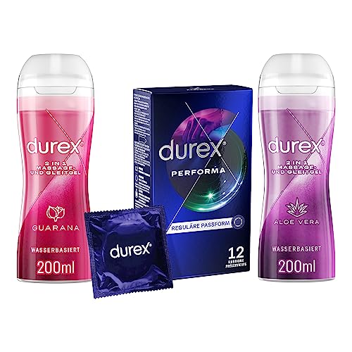 Durex Ausprobier-Set mit Play Massagegel Guarana 200ml & Performa Kondome 12 Stück & Play Massagegel Aloe Vera 200ml