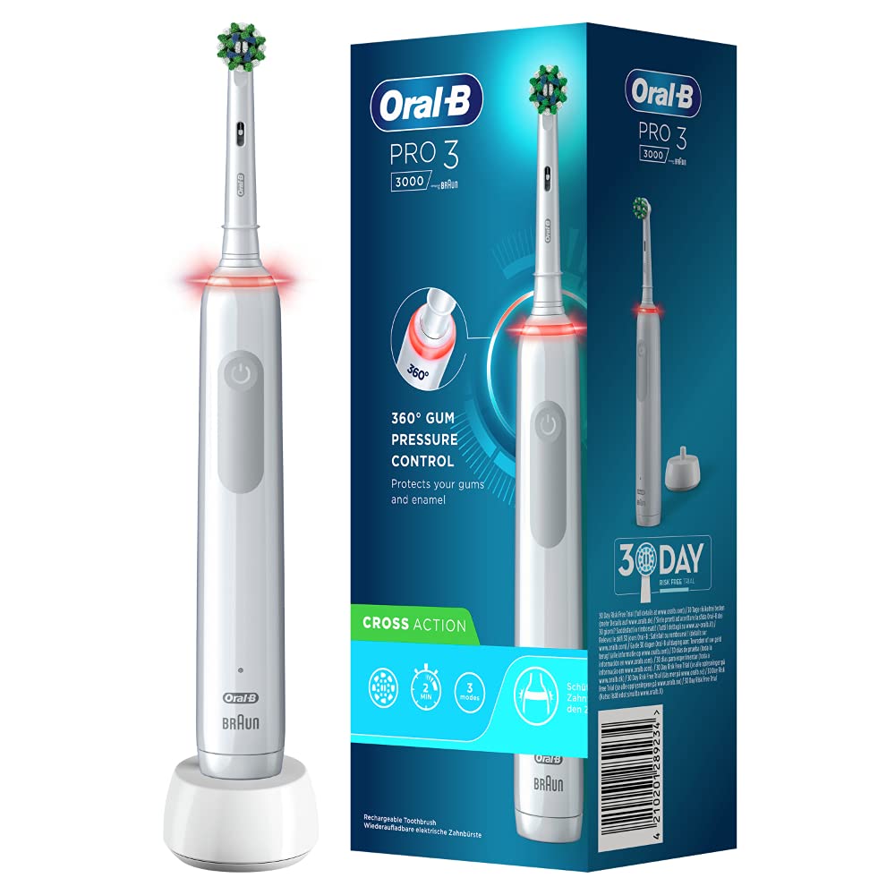 Oral-B PRO 3 3000 CrossAction Elektrische Zahnbürste/Electric Toothbrush, mit 3 Putzmodi und visueller 360° Andruckkontrolle für Zahnpflege, Geschenk Mann/Frau, Designed by Braun, weiß