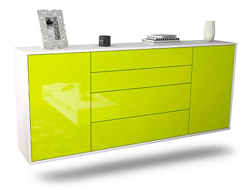 Dekati Sideboard Bridgeport hängend (180x77x35cm) Korpus Weiss matt - Front Hochglanz Grün - Push to Open - Leichtlaufschienen