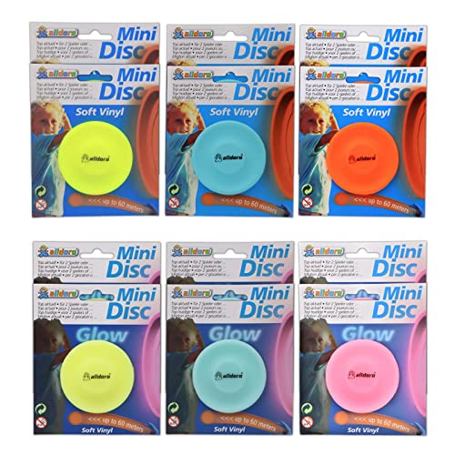 alldoro 63059 12er Mix Set Mini Disc Wurfscheibe Neon + 6X Glow Effekt, Ø ca. 6,5 cm aus Soft Silikon, bis zu 60 Meter Reichweite, für Kinder, Erwachsene und Hunde, Farben: Gelb, Pink, Rot & Blau
