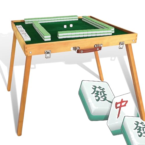 NVYAZJ Klappbarer Mahjong-Tisch aus Holz mit 144 Mahjong-Fliesen-Set, tragbarer Majong-Tisch mit Aufbewahrungsbox aus Holz, Aufbewahrungstasche, 4 Würfel, 50 x 50 x 41 cm, für gemeinsame