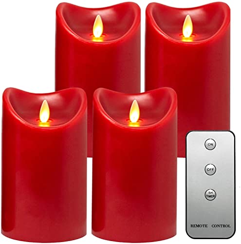 Tronje LED Kerze mit Timer u. Fernbedienung - Leuchtdauer 1000 Std. Echtwachskerze mit beweglicher Flamme (4er Set in Rot (15cm))