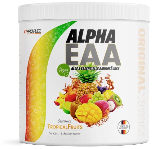 Alpha EAA Pulver 462g TROPICAL FRUITS - unglaublich leckeres EAA Drink Pulver, alle 8 essentiellen Aminosäuren, vegan EAAs Aminosäuren / Amino Workout Drink, optimale Wertigkeit, Made in Germany
