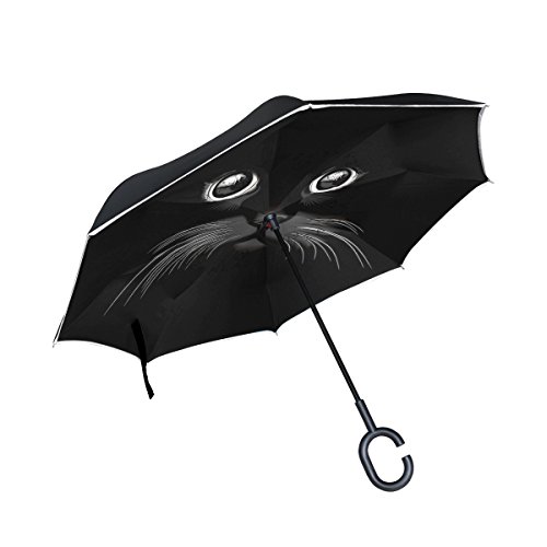 isaoa Große Schirm Regenschirm Winddicht Doppelschichtige seitenverkehrt Faltbarer Regenschirm Verwendung für Auto,C-förmigem Henkel Regenschirm schwarz Katze Regenschirm für Damen und Herren